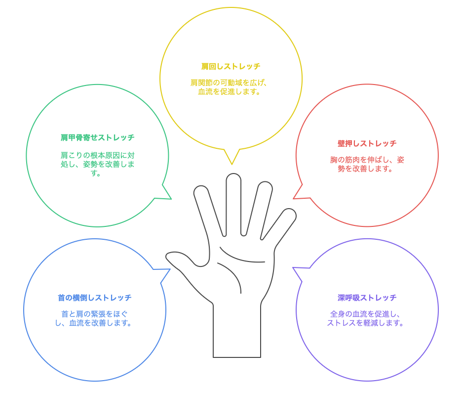 5つのストレッチ動作を分かりやすく示したイラスト、ステップごとの動きが理解できるデザイン